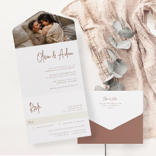 Modern Rust Handwritten Script Photo Wedding All In One Invitation