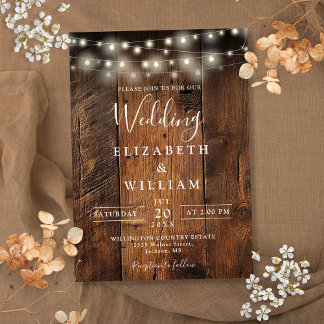 Modern Rustic Barn Wood String Lights Wedding Invitation