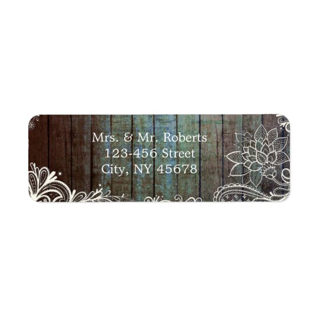 modern rustic barnwood lace wedding return address label (Front)