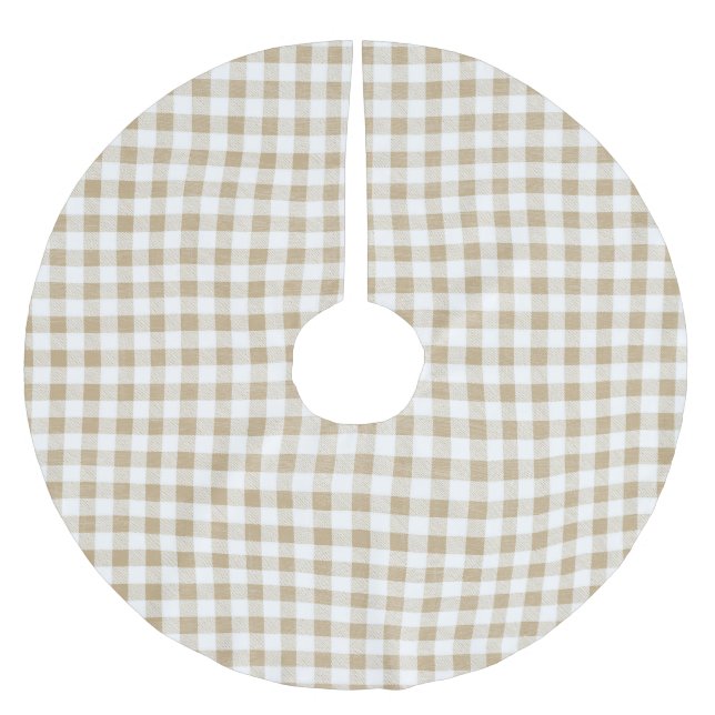 Modern Rustic Beige White Gingham Check Brushed Polyester Tree Skirt (Front)