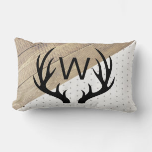 Modern Rustic Black Antlers & Wood Pattern Lumbar Cushion