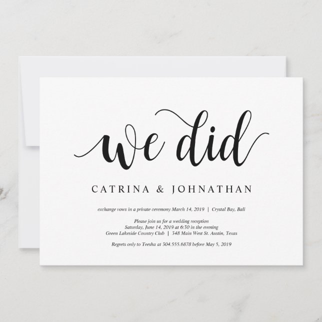 Modern Rustic, Black script, Wedding Elopement Invitation (Front)