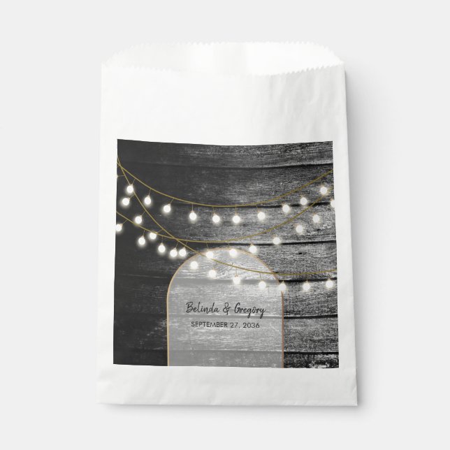 Modern Rustic Black Wood Gold Lights Arch Wedding  Favour Bag (Front)