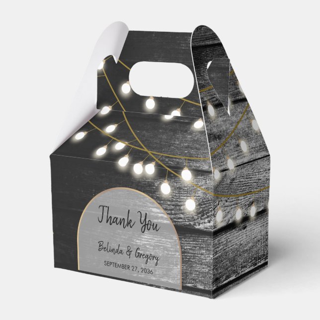 Modern Rustic Black Wood Gold Lights Arch Wedding Favour Box (Front Side)