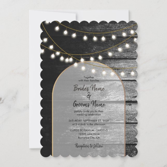 Modern Rustic Black Wood Gold Lights Arch Wedding Invitation (Front)