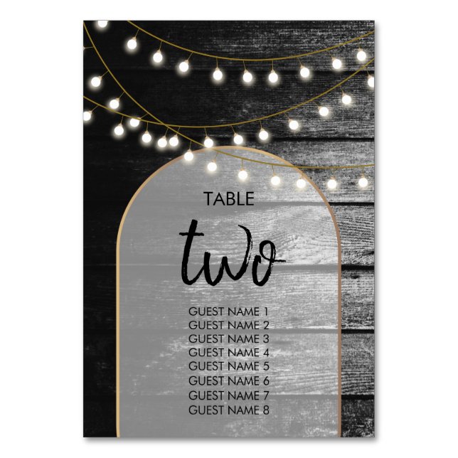 Modern Rustic Black Wood Gold Lights Arch Wedding  Table Number (Front)