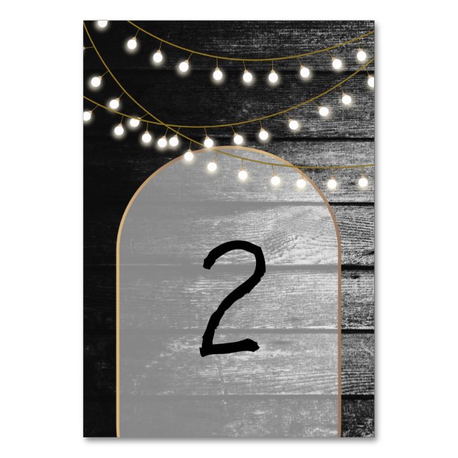 Modern Rustic Black Wood Gold Lights Arch Wedding Table Number (Front)