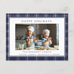 Modern Rustic Blue Plaid Family Photo Christmas Postcard