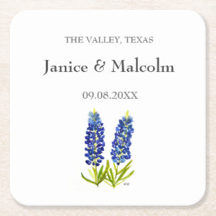 Modern Rustic Bluebonnet Custom Boho Gifts Wedding Square Paper Coaster