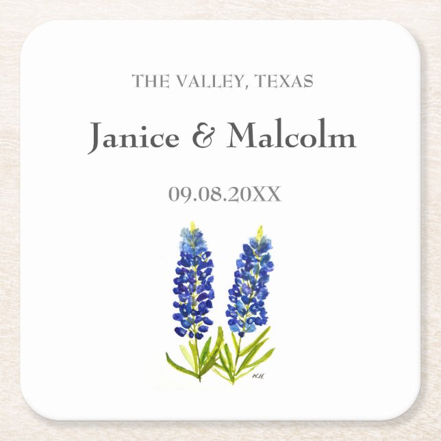 Modern Rustic Bluebonnet Custom Boho Gifts Wedding Square Paper Coaster (Front)