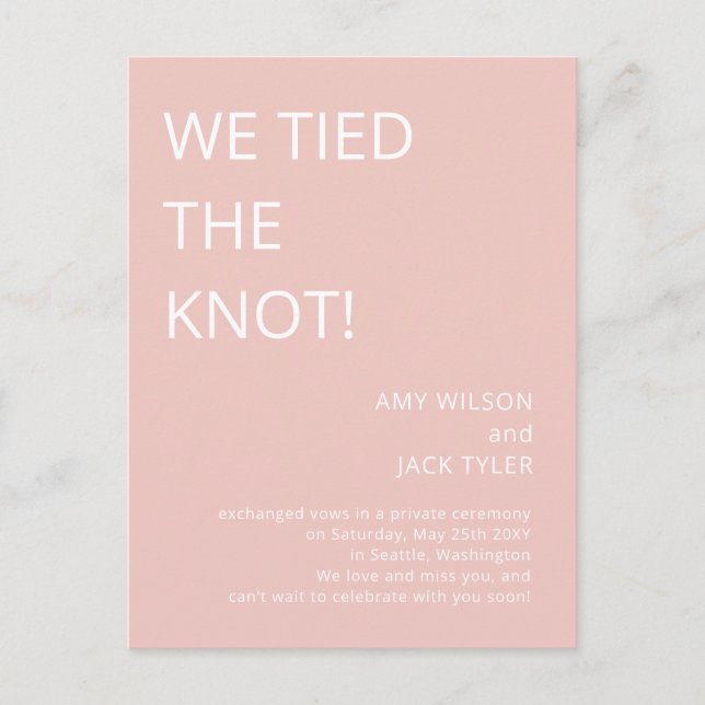 Modern Rustic Blush Pink Wedding Announcement Postcard (Front)