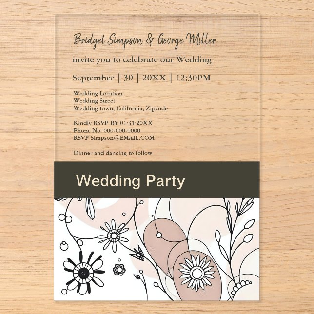 Modern rustic boho Floral Wedding Party  Acrylic Invitations (Front)