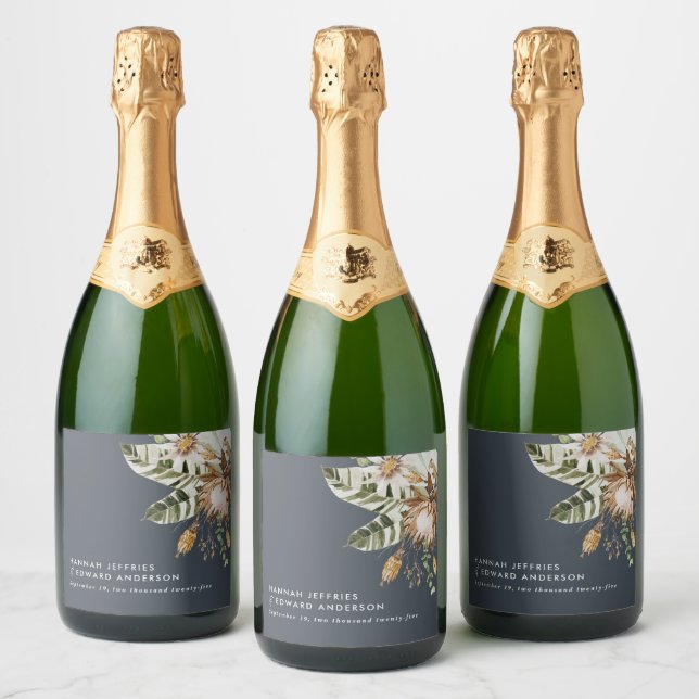 Modern rustic botanical elegant tropical wedding c sparkling wine label (Bottles)