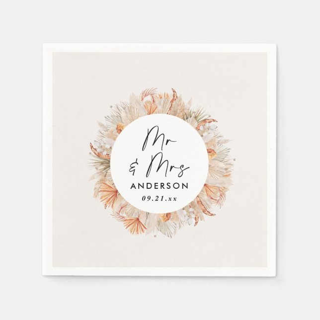 modern rustic botanical pampas grass Mr & Mrs  Napkin (Front)