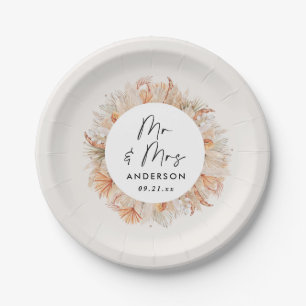 modern rustic botanical pampas grass Mr & Mrs Paper Plate