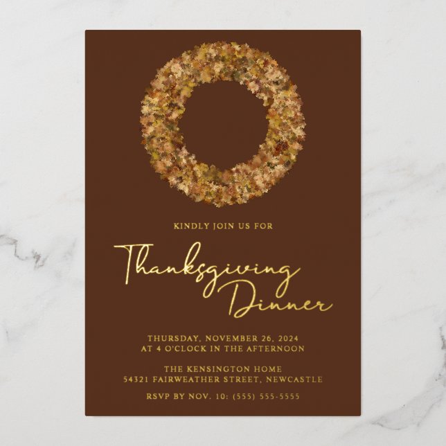 Modern Rustic Brown Gold Foil Thanksgiving Wreath (Front)
