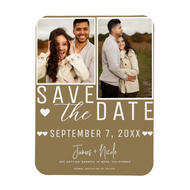 Modern Rustic Brown Save the Date 2 Photo Wedding Magnet (Vertical)