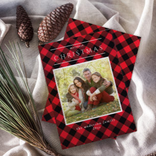 Modern Rustic Buffalo Check Family Photo Holiday Card