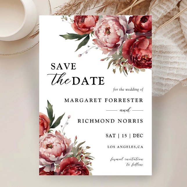 Modern Rustic Burgundy Blush Floral Save The Date Invitation (Creator Uploaded)
