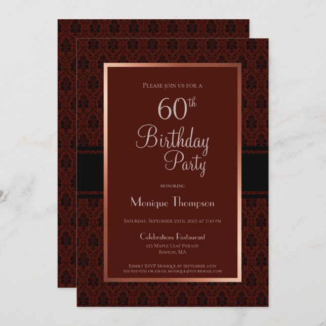Modern Rustic Burgundy Copper 60th Birthday Party Invitation (Front/Back)