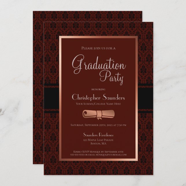 Modern Rustic Burgundy Copper Graduation P Invitation (Front/Back)