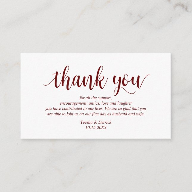 Modern Rustic Burgundy Script, Wedding Thank you Enclosure Card (Front)