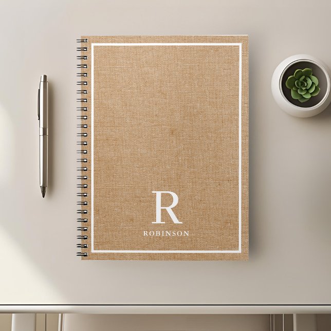 Modern Rustic Burlap Family Name Monogram Notebook (Creator Uploaded)