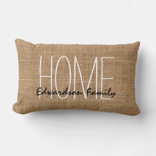 Modern rustic burlap Home family name script Lumbar Cushion (Front)