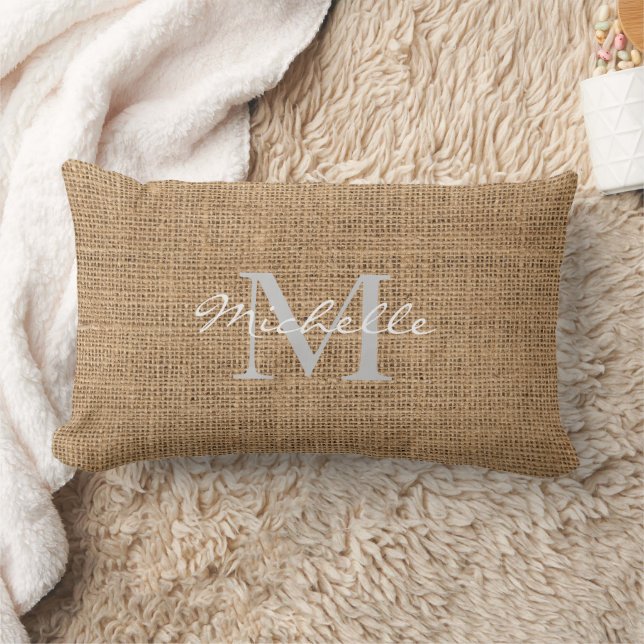 Modern rustic burlap personal monogram name lumbar cushion (Blanket)