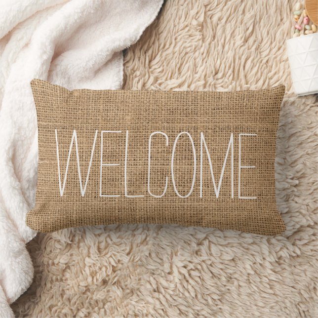Modern rustic burlap Welcome Lumbar Cushion (Blanket)