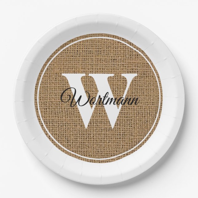 Modern Rustic Burlap White Monogram Paper Plate (Front)