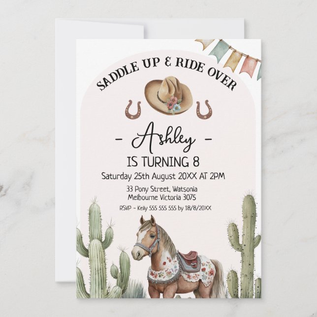 Modern Rustic Cactus Saddle Up Horse Birthday Invitation (Front)