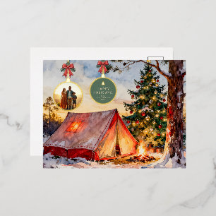 Modern Rustic Camping Christmas Ornament Photo Foil Holiday Postcard