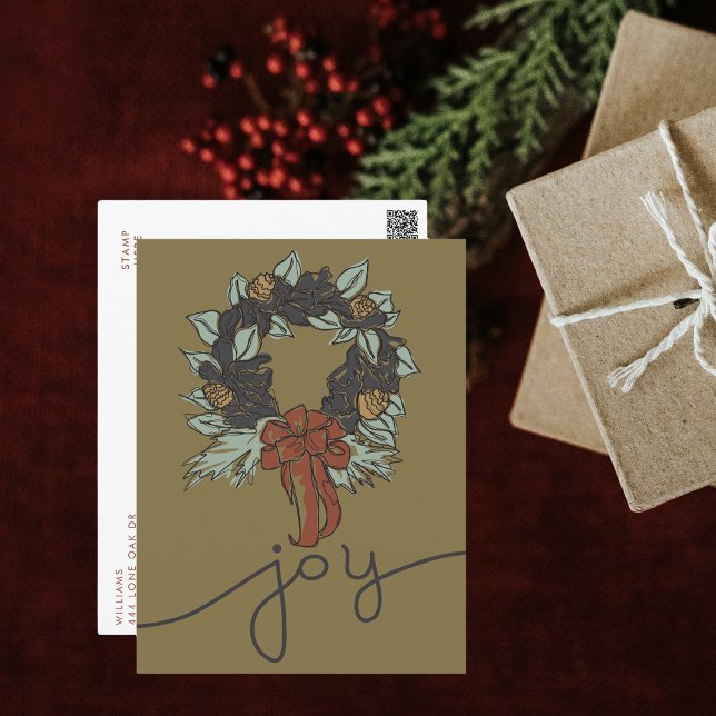 Modern Rustic Christmas Joy Botanical Wreath Holiday Postcard (Creator Uploaded)
