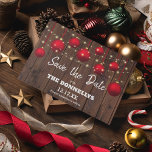 Modern Rustic Christmas Party Save the Date Announcement Postcard<br><div class="desc">Rustic christmas,  save the date announcement card,  featuring wooden background,  red baubles,  string lights and a classic,  editable template which is eaily personalised.</div>