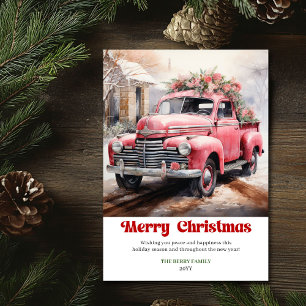 Modern rustic Christmas scene pink truck card art