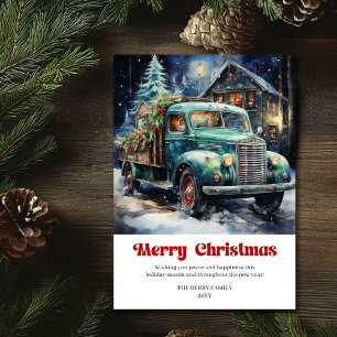 Modern rustic Christmas scene watercolor red truck Holiday Card