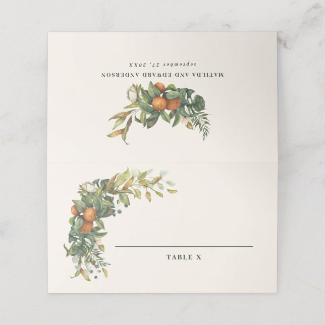 Modern rustic citrus orange blossom wedding table place card (Outside Unfolded)