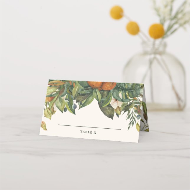 Modern rustic citrus orange blossom wedding table place card (Front)