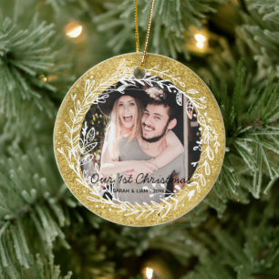 Modern rustic couple photo our 1st Christmas Ceramic Ornament