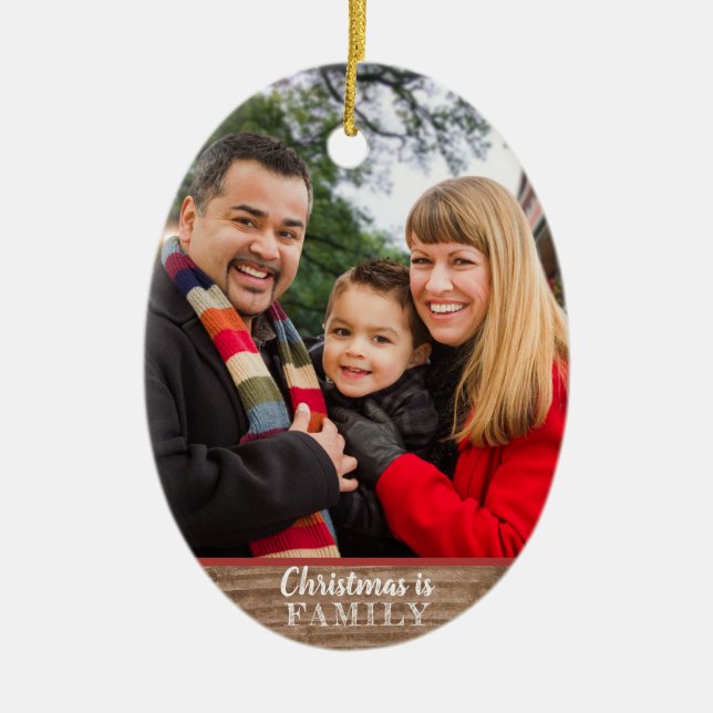 Modern Rustic Custom 2-Photo Family Christmas Ceramic Ornament (Front)