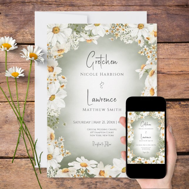 Modern Rustic Daisy Frame Green Invitation (Creator Uploaded)