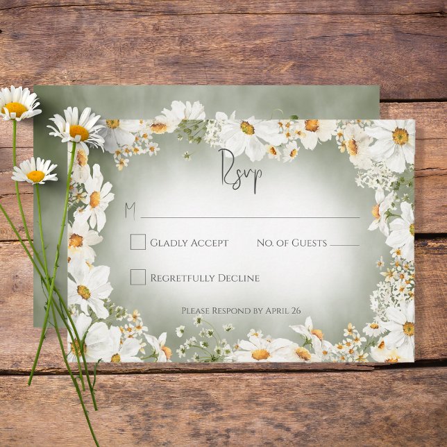 Modern Rustic Daisy Frame Green Wedding RSVP Card (Creator Uploaded)