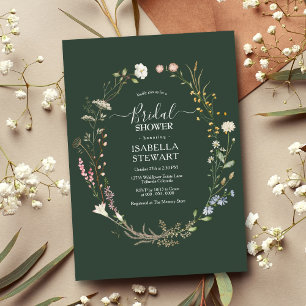 Modern Rustic Dark Green Wildflower Bridal Shower Invitation