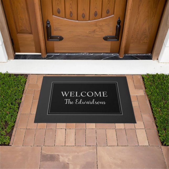 Modern rustic dark grey black welcome family name doormat (Outdoor)
