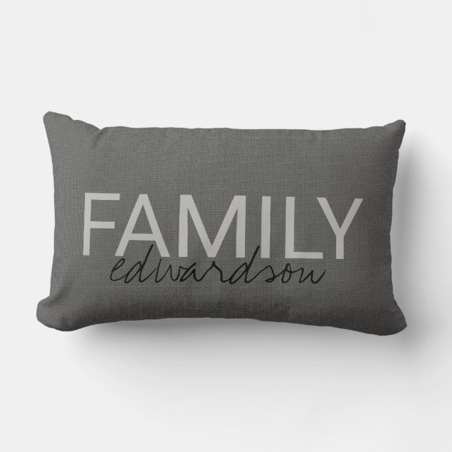 Modern rustic dark grey burlap custom family name lumbar cushion (Front)