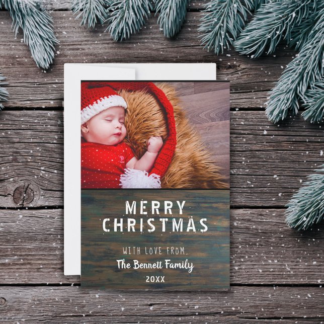 Modern Rustic Dark Wood Merry Christmas Photo Card (Creator Uploaded)