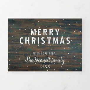 Modern Rustic Dark Wood Script Holiday 2 Photo Tri-Fold Holiday Card