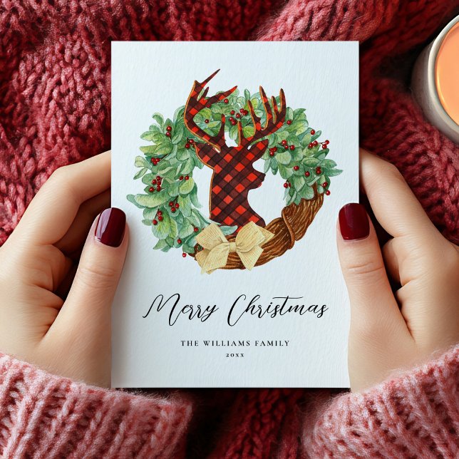 Modern Rustic Deer Christmas Wreath Non-Photo Holiday Card (Modern Rustic Deer Christmas Wreath Holiday Card)