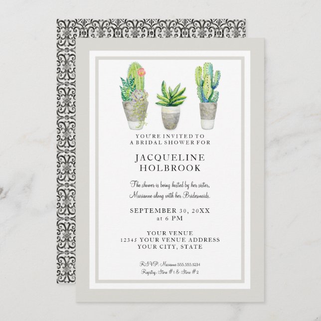 Modern Rustic Desert Cactus Pots Bridal Shower Invitation (Front/Back)
